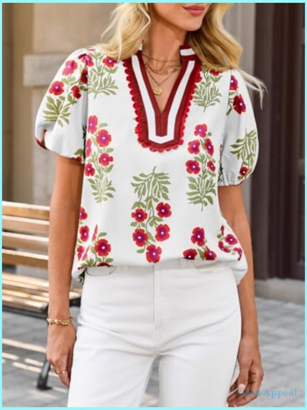Floral Puff Sleeve V-Neck Blouse Boho Summer Top Dressy Casual Loose Fit - Picture 4 of 7